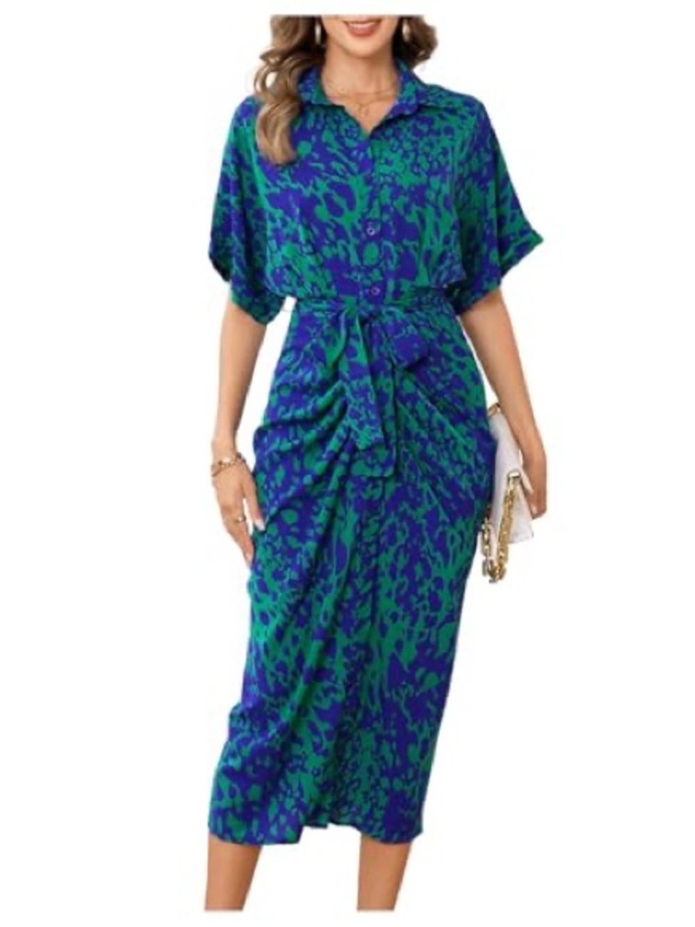 SHEIN Blue & Green Printed Shirtwaist Tie-Belt Midi Dress
